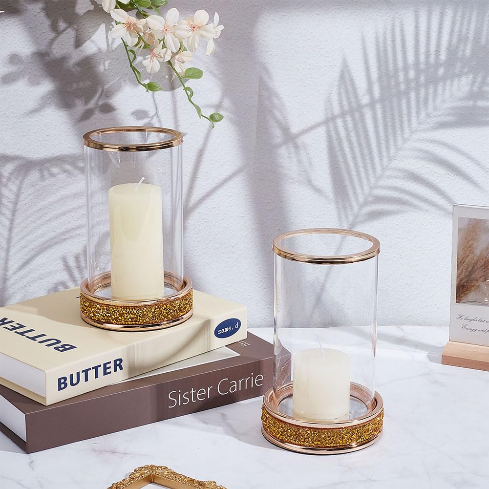 BEUNITONE 2PCS Gold Candle Holder, Hurricane Glass Candle Holders, 4.2 x 6.3 Elegant Pillar Candle Holders, Metal Candlesticks Holder with Candle Jars for Coffee Dining Table, Wedding Centerpieces