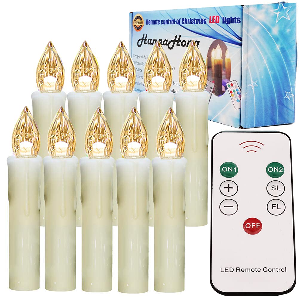 HANNAHONG 10 pcs LED Flameless Taper Candles with Remote,Small Mini Electric Dimmable Flickering Fake Wax,Battery Operated,Windows Clips Lights for Stick Candelabra,Wreath,Christmas Decor
