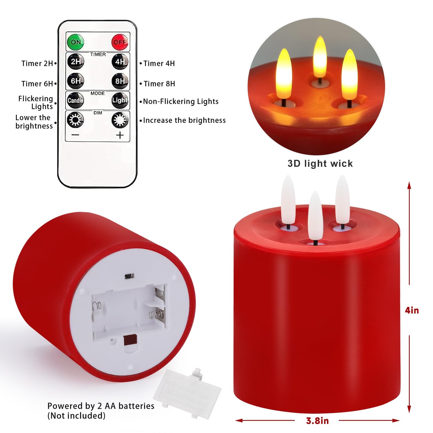 VEEKI Large 3 Wick Flameless Candles Set of 2, 4"x4" Flickering Flameless Candles with Remote & Timer, Dimmable Real Wax LED Candles Battery Operated, Electric Pillar Candles for Home Christmas Decor