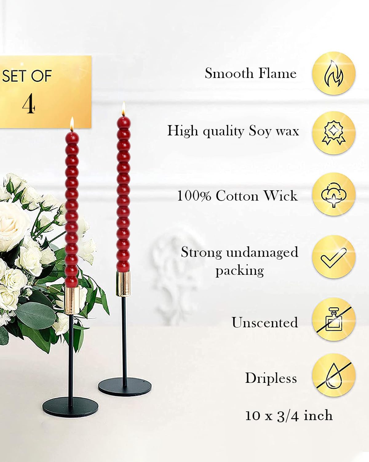 LPUSA Red Tall Taper Candles Stick Dripless Unscented Dinner Spiral Candle for Holiday Wedding Party Wax Unscented Dinner Candle Dripless,Christmas Gift H 10 Inch, 4pcs(Red-C)