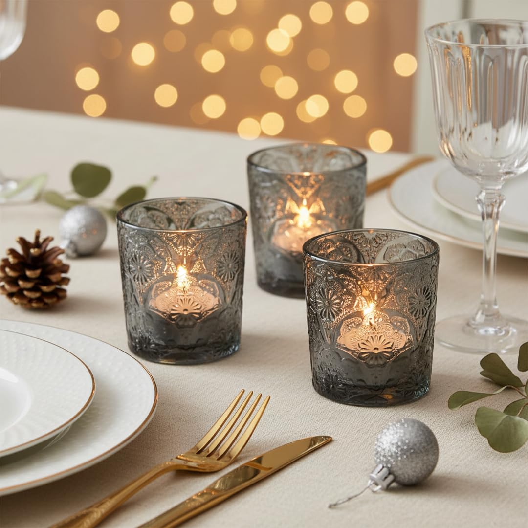 12 Pack Mandala Embossed Glass Candle Holders – Votive Tealight Holders with Patent Design, Decorative Embossed Glass Cups for Wedding Centerpieces, Parties, and Home Décor (Smoky Quartz)