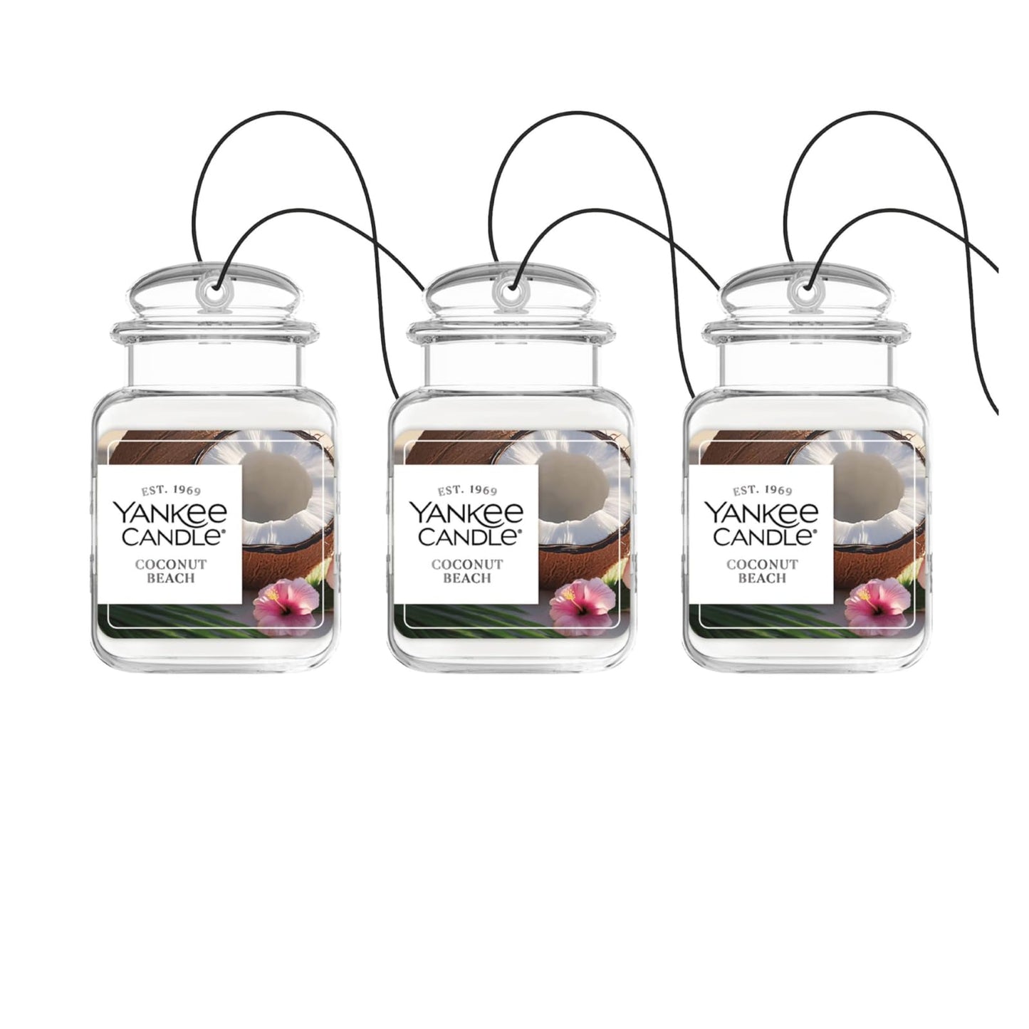 Yankee Candle Car Jar Ultimate Coconut Beach Air Freshener, 0.96 oz Each, Tropical Scent, Long-Lasting Odor Neutralizer for Car and Home Use (Pack of 3)