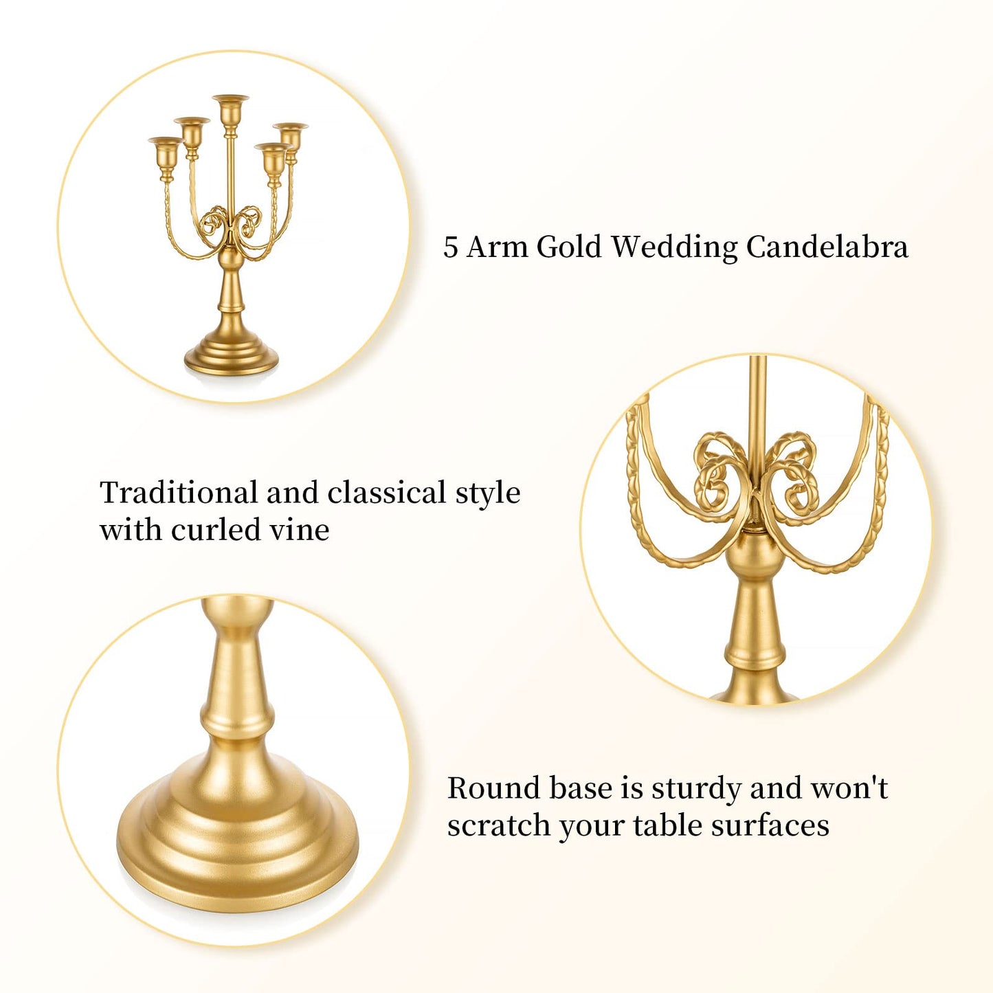 Romadedi Candelabra Gold Candle Holders - 5 Arm 11.8" Wedding Candlestick Holder for Theme Party Table Centrepiece Decor Dining Room Birthday Holiday Christmas