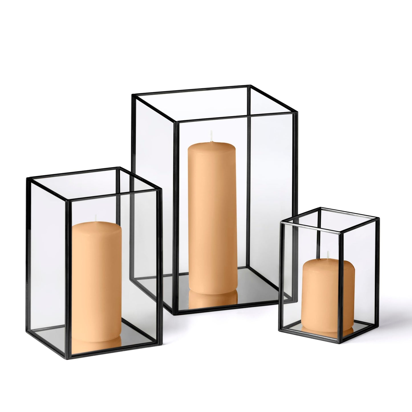 Yummi Set of 36 Slim Pillar Candles & Black Luxus Lanterns - Caramel