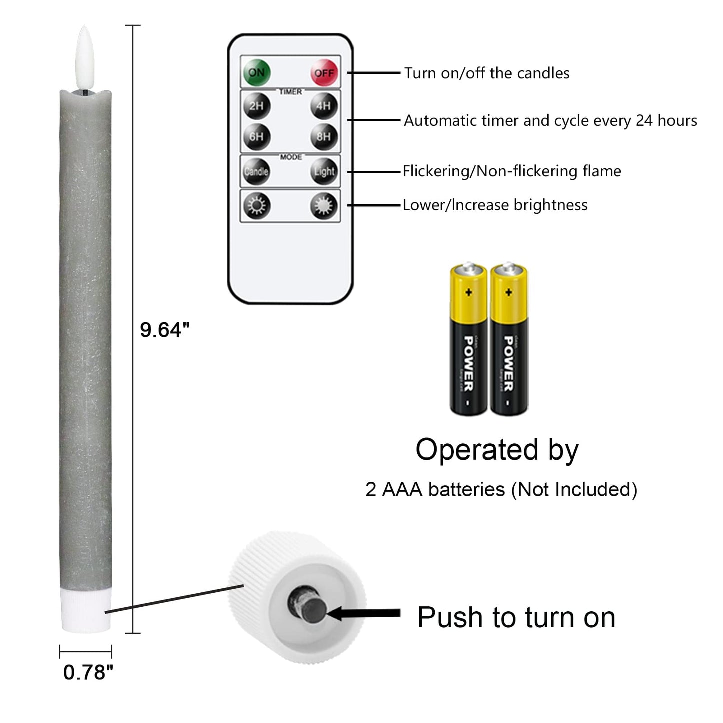 GenSwin Flameless Grey Taper Candles Flickering with 10-Key Remote, Battery Operated Led Warm 3D Wick Light Window Candles Real Wax Pack of 6, Christmas Home Wedding Decor(0.78 X 9.64 Inch)