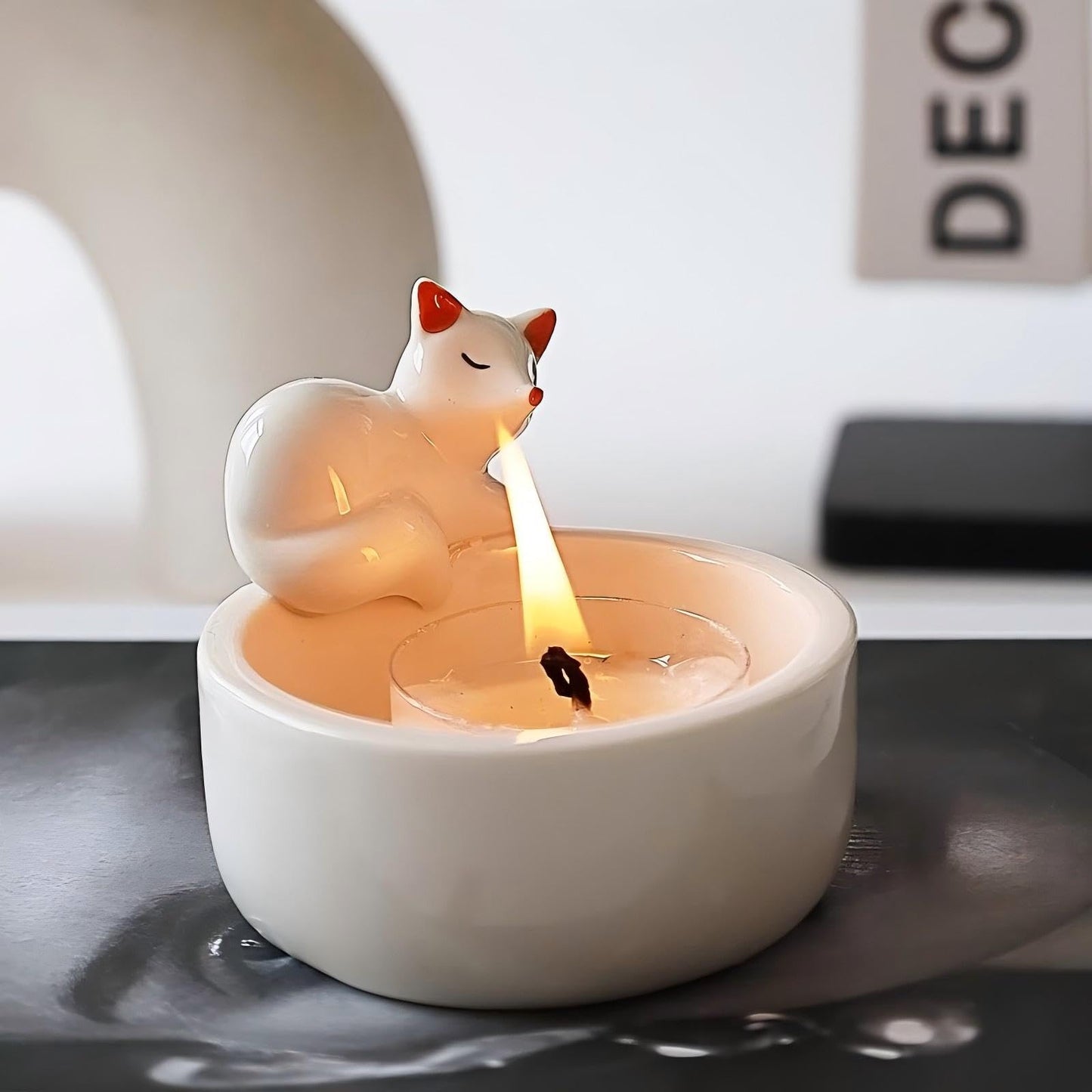 WARMCITY Handmade Animal Candle Holder, Lovely Kitten Canlestick Holder, Cartoon Figures Warming Its Paws Cute Light Holder for Candle Lovers- Candle NOT Included (Fox Red)