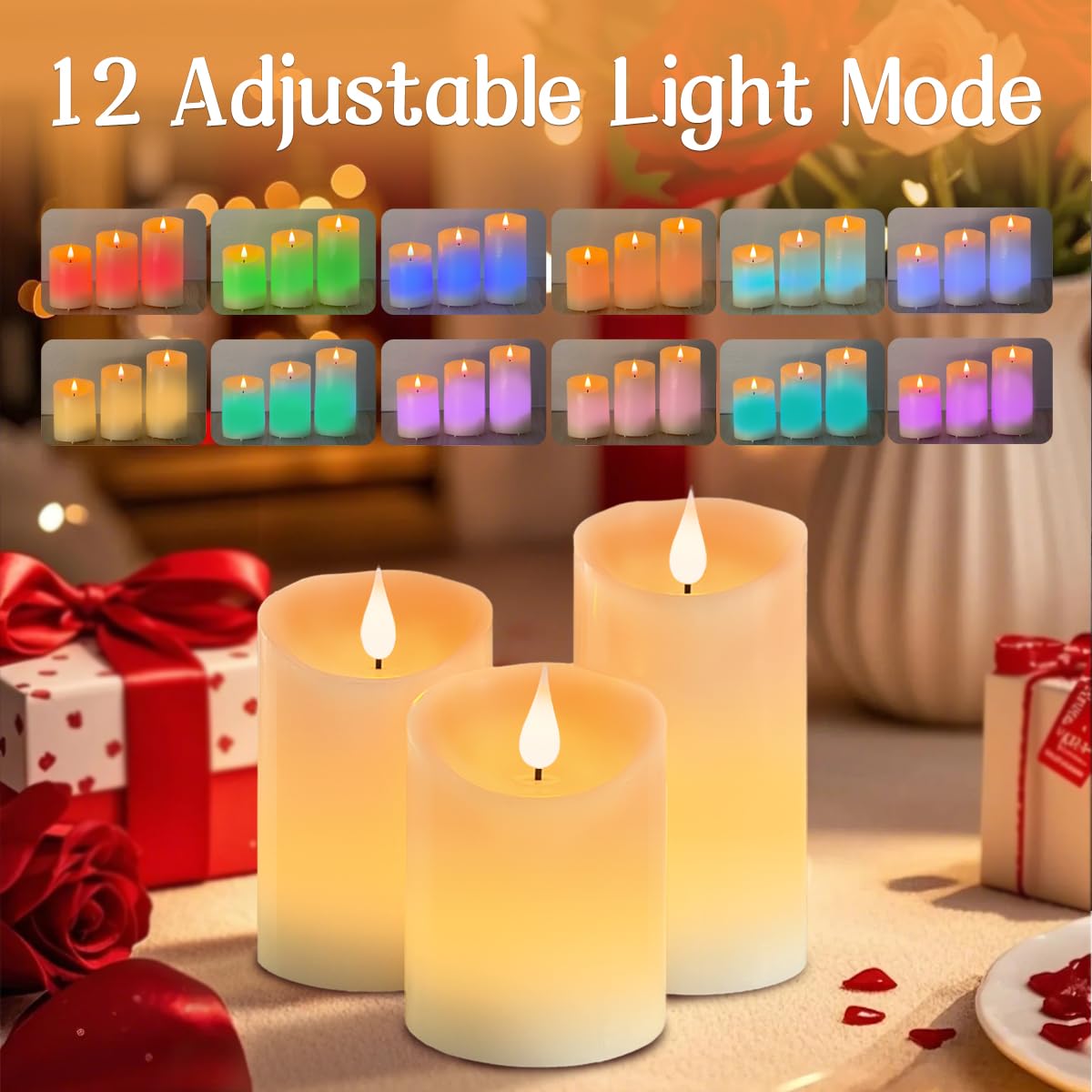 LEDHOLYT Flameless Candle RGB Set, Flickering LED Pillar Real Wax Candle with Remote Control and Timer, Upgraded Blue Flame Heart, Built-in Battery Rechargeable Flameless Candle, 1 Set of 3