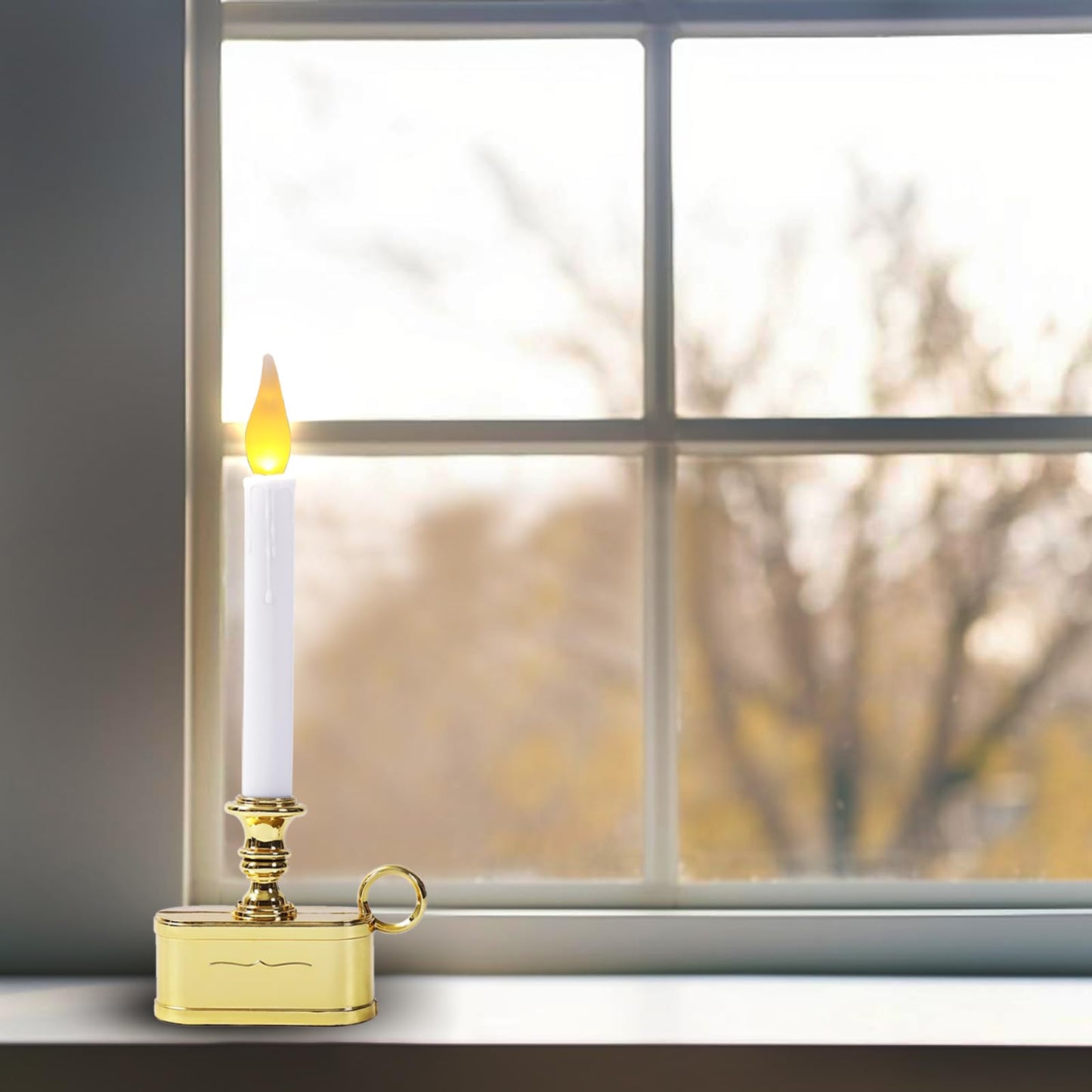 LitTerra Window Candles 2AA Battery Operated with Timer 8 Hours On and 16 Hours Off Led Warm White with Flicker Flame (Gold Base) Battery Not Included