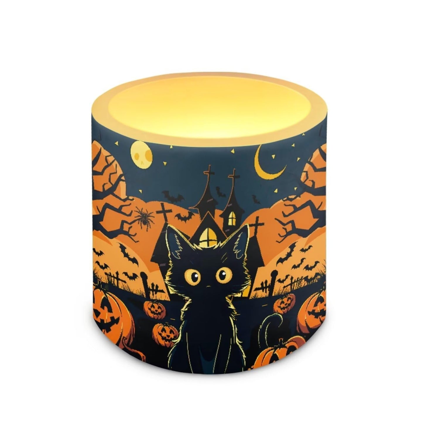 Merkmak Pack of 4 Flameless Candles Halloween Battery Operated Candles with Remote and Timer Flickering LED Elictric Pillar Tealights for Indoor Outdoor Party Decorations, Pumpkin Black Cat