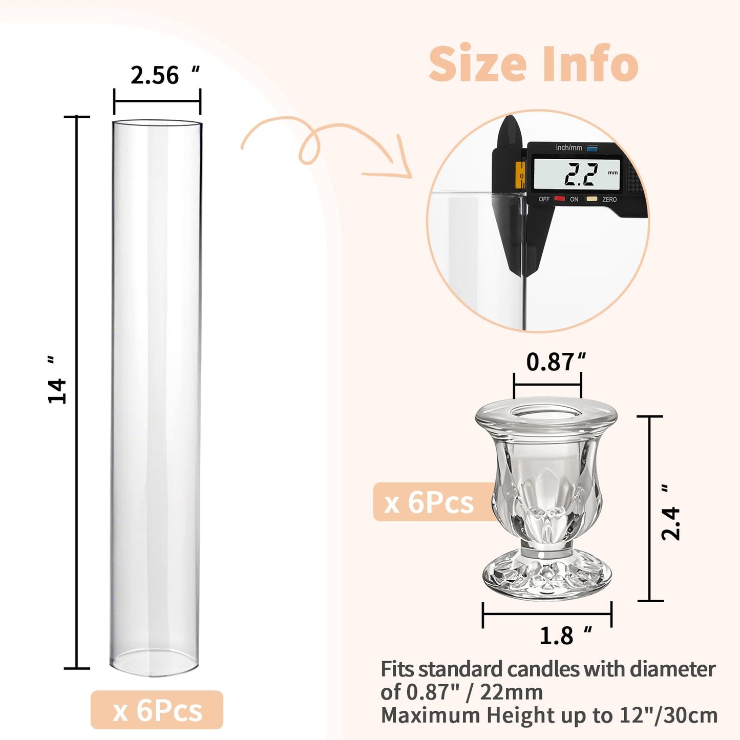 CHILL RECIPE Hurricane Glass Candle Holders-Set of 6 Tall Taper Candle Holder with 14” Tall Clear Cylinder Covers for Wedding Table Centerpiece Home Decor (Floral Base+Clear Chimney)