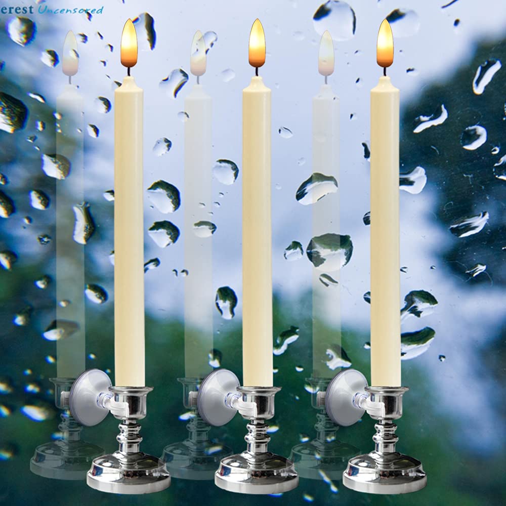 Wondise Flameless Window Candles with Remote & Timer, 10" Battery Operated 3D Wick LED Flickering Taper Candle for Christmas Decorations, Removable Silver Holder and Suction Cups Included(6 Pack)