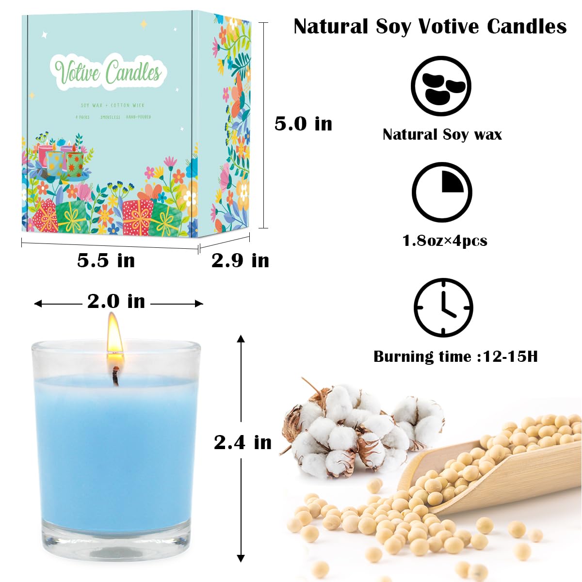 Set of 4 Babyblue Votive Candles Clear Glass Filled Unscented Soy Wax Candle for Home Spa Weddings Holiday Baby-Shower Party and DIY