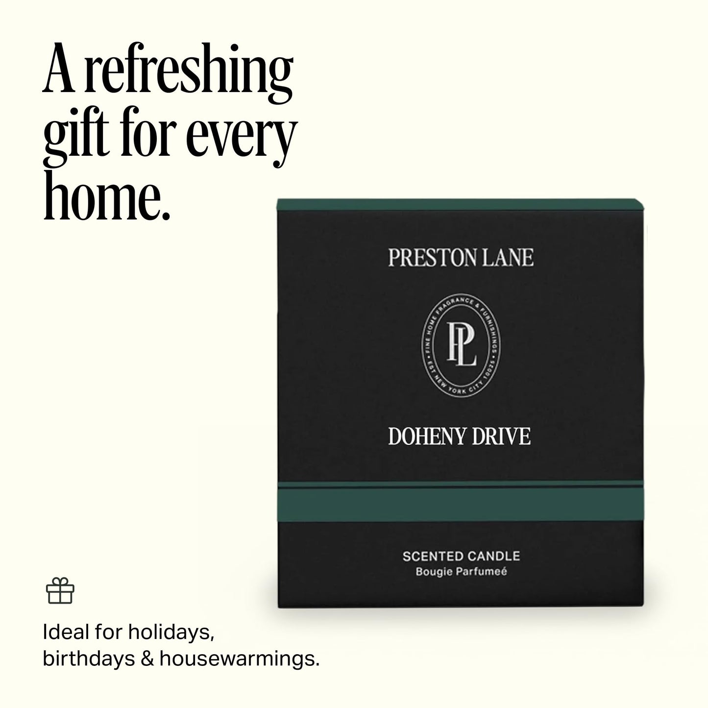Preston Lane Luxury 2-Wick Scented Candle, Doheny Drive, 7.5 oz Hand-Poured in USA | Long Burn Time (20-30 Hrs), Vegan Soy Wax Blend, Decorative Glass Vessel, Fine Italian Fragrance