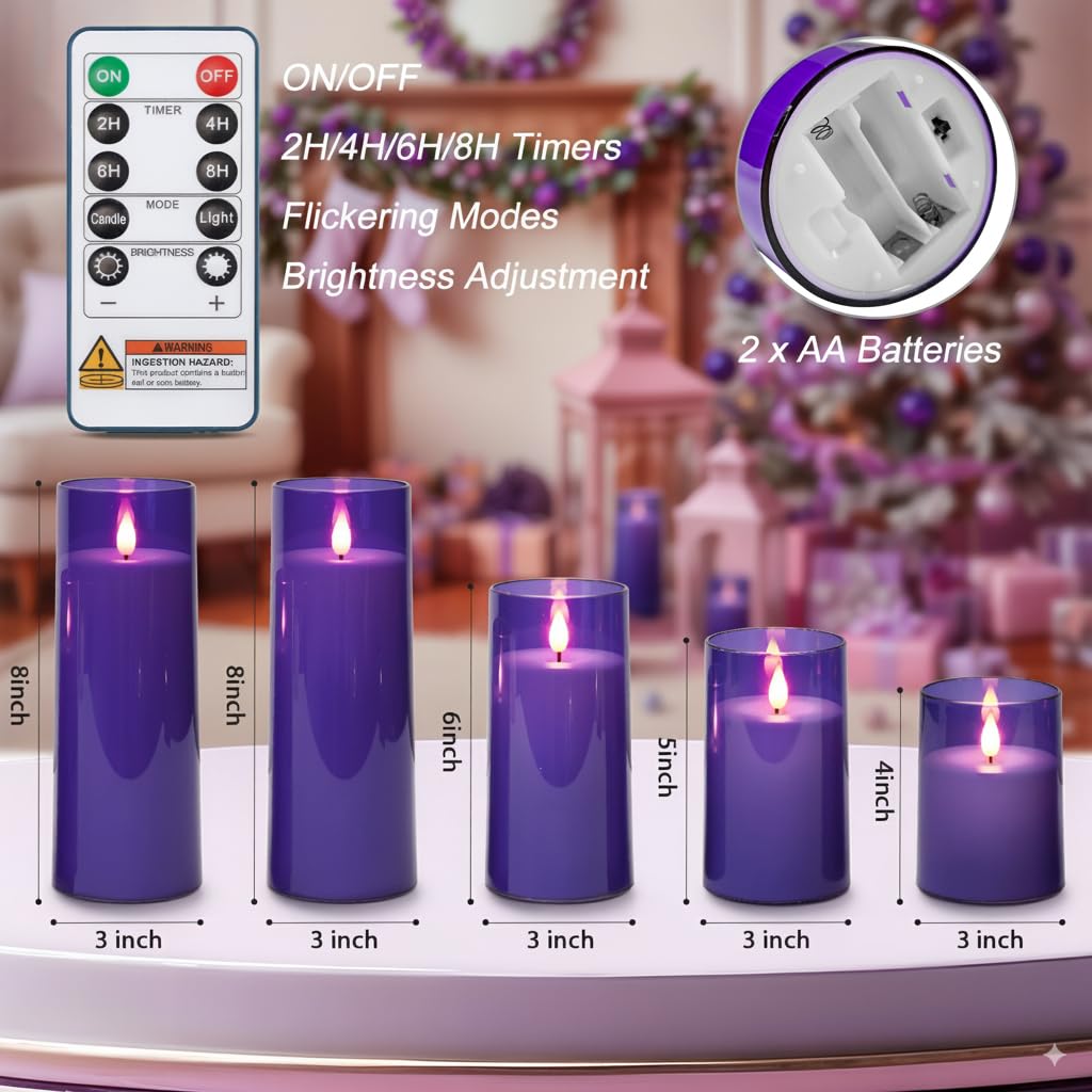 Homemory Purple Flickering Flameless Candles, Battery Operated Acrylic LED Pillar Candles with Remote Control and Timer, Purple Decor, Set of 5