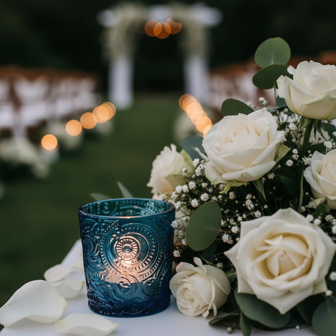 6 Pack Patented Sun Moon Star Embossed Glass Tea Light Candle Holders - Unique Votive Candle Holders for Wedding, Party, and Table Centerpieces (Ocean Blue)