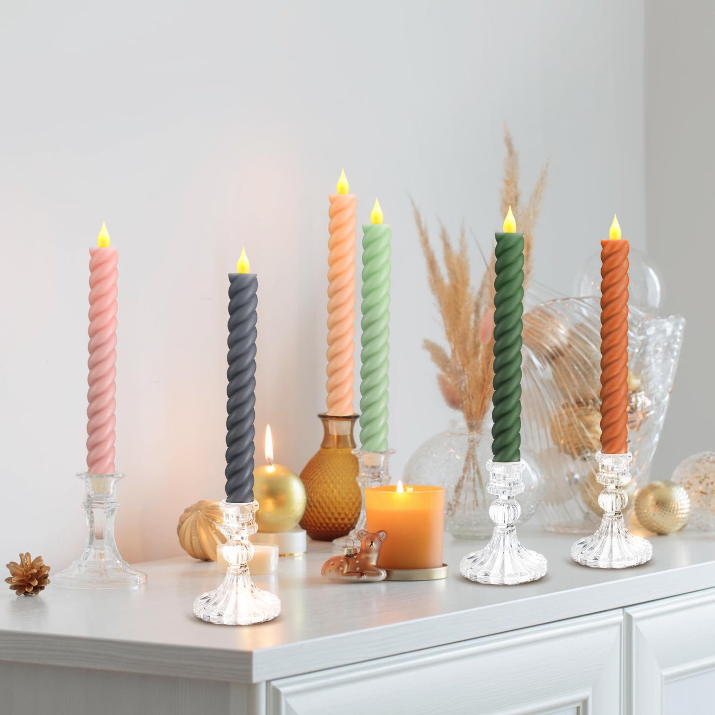 Baquler 6 Pcs Pastel Flameless Taper Candle Twisted 9.65 in Spring Colorful Taper Candles Battery Operated Pastel Spiral Candlestick LED for Wedding Birthday Home Party Holiday Dinner Fireplace