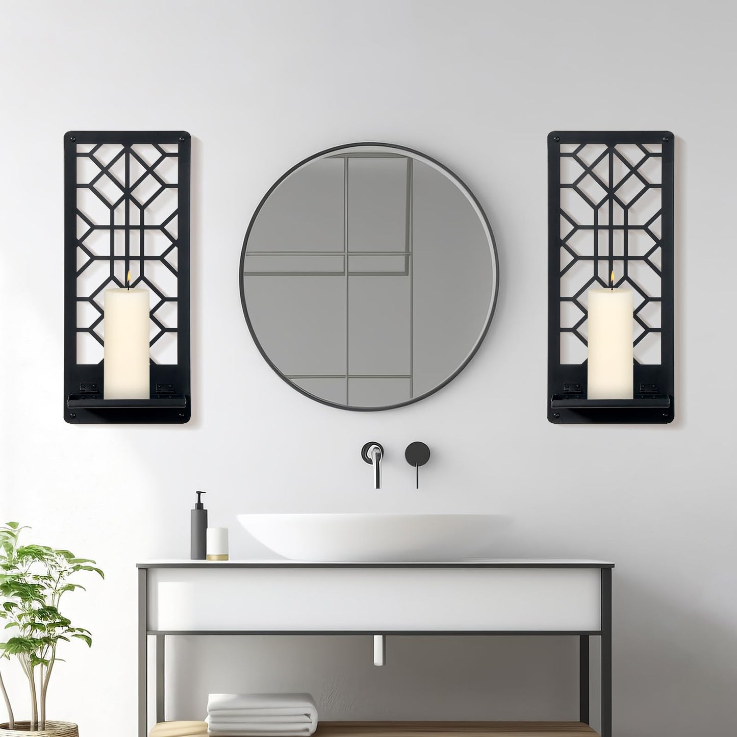 Zzbakress 2 Pcs Black Metal Wall Art Bathroom Decor Candle Holder Wall Art Retro Line Wall Decor Living Room Minimalist Metal Wall-Mount Candle Sconces for Dining Room Bedroom Kitchen (Black-Retro)