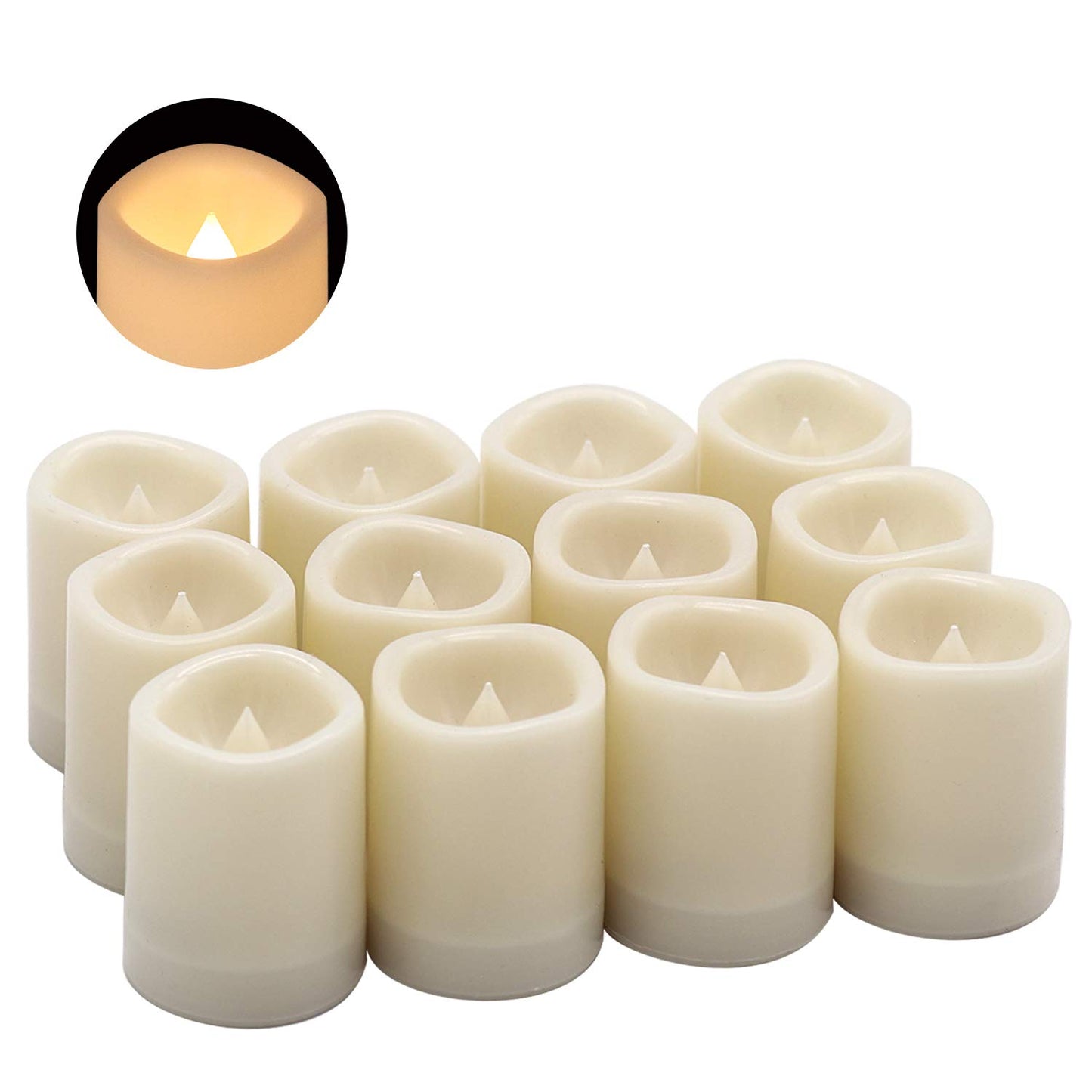 DRomance Outdoor Waterproof Flameless Votive Candles with Timer, Battery Operated LED Tealight Flickering Candles Warm Light Set of 12 Wedding Party Decor Plastic Candle(1.5 x 2 Inches)