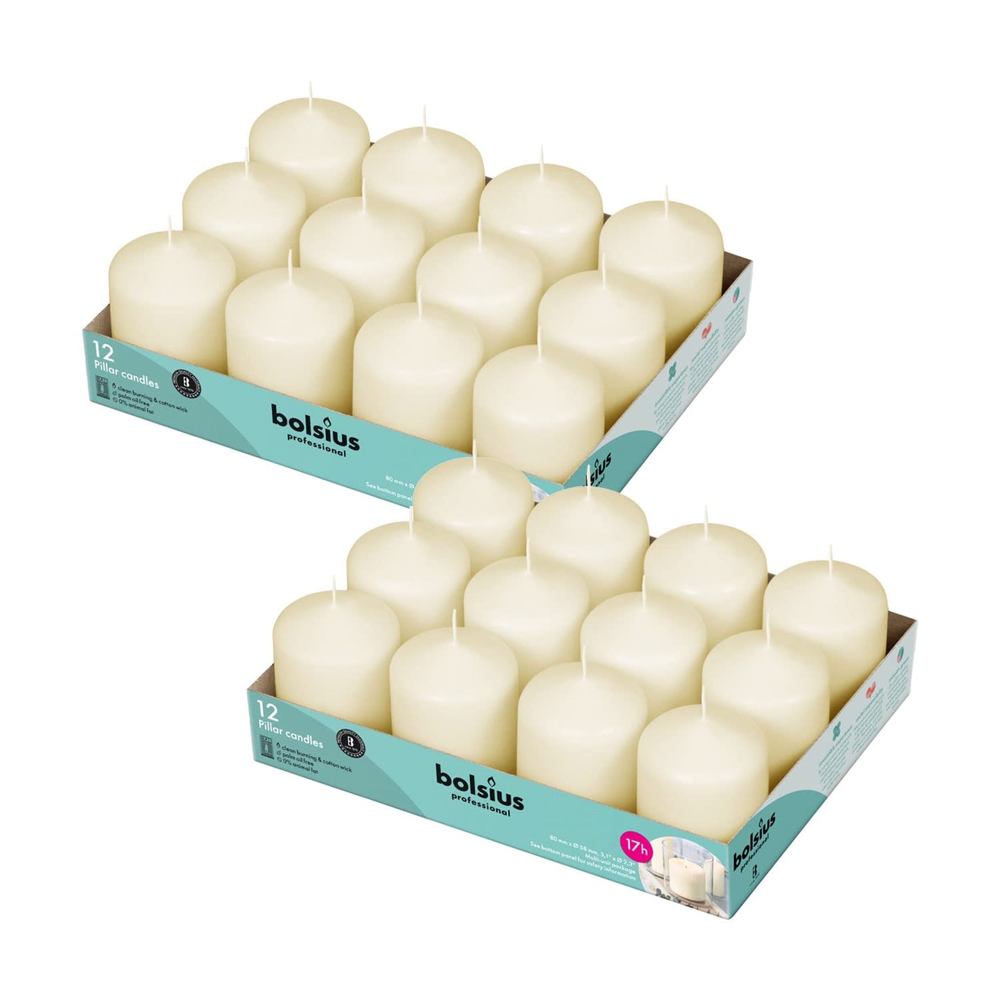 BOLSIUS Ivory Pillar Candles - 2.3 x 3 Inches - 2 Packs = Total 24 Candles - 17+ Hours - Premium European Quality - Consistent Smokeless Flame - Unscented Dripless Eco-Friendly Pillars