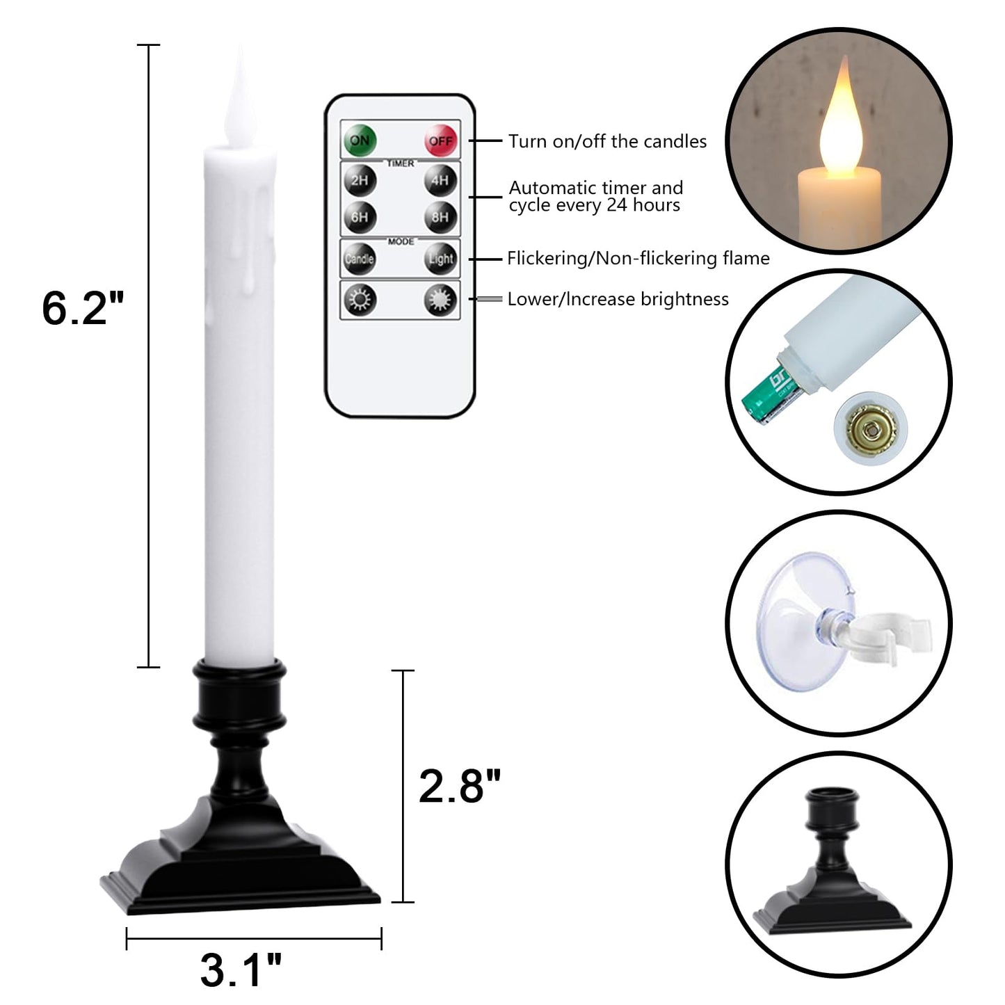DRomance Flameless Window Candles with Remote Timer, 4 Pack White LED Flickering, Dripping Wax Effect, Suction Cups Included