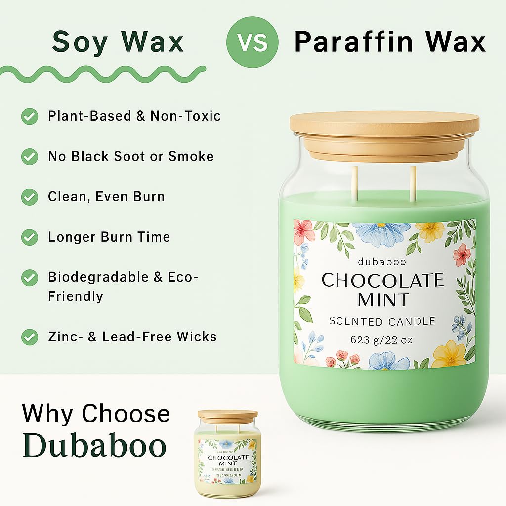Large 22oz Soy Candle β Long Lasting 80+ Hour Burn, Hand Poured Clean Burning Scented Candle with Cotton Wick, Reusable Glass Jar β Chocolate Mint | DUBABOO