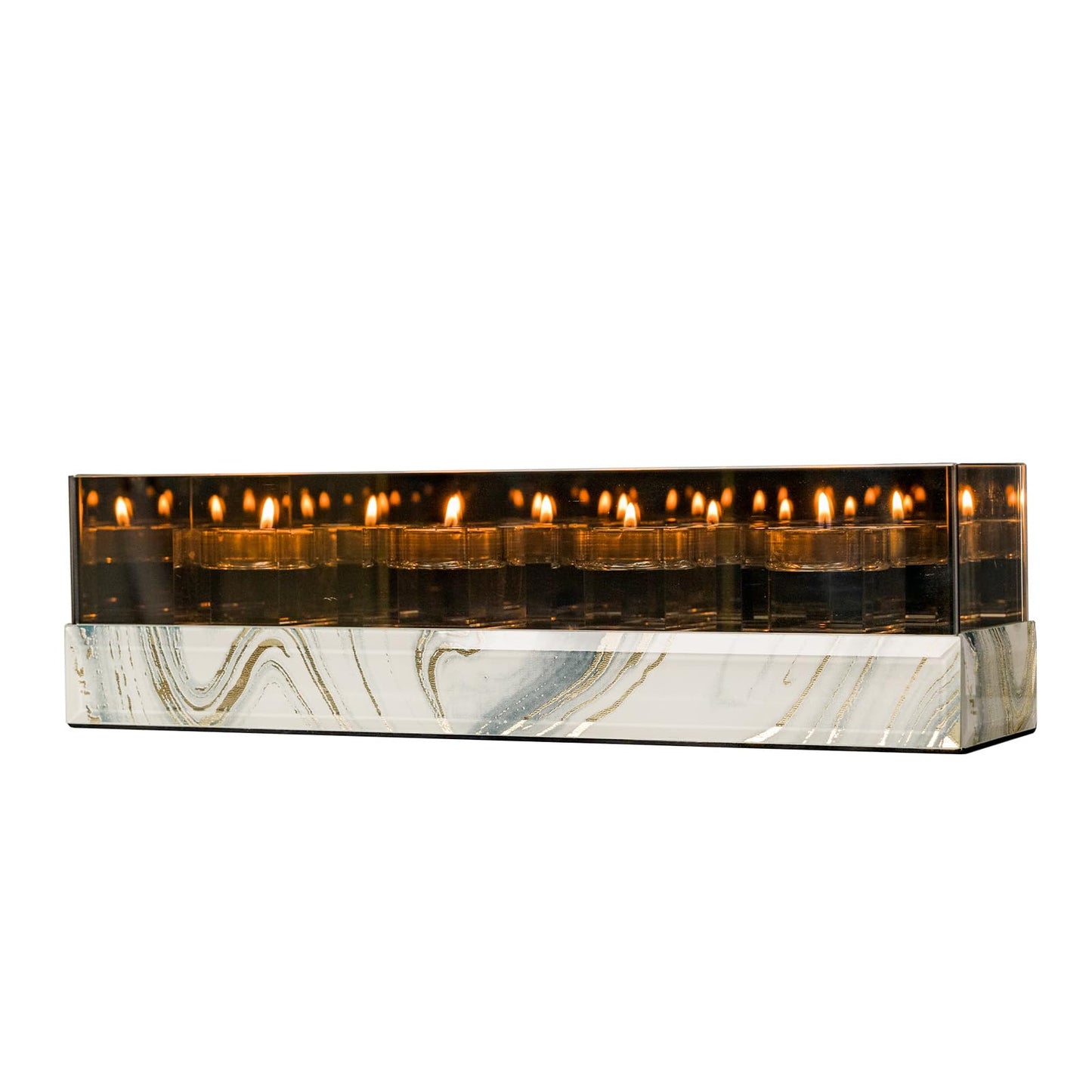 Crystal Glass Candle Holder Rectangular 4 Candle Seat with Marble Pattern-Tealight and Votive Candles Holders Centerpiece Table Decorations for Home Décor, Dining Room, Kitchen, Patio (White)
