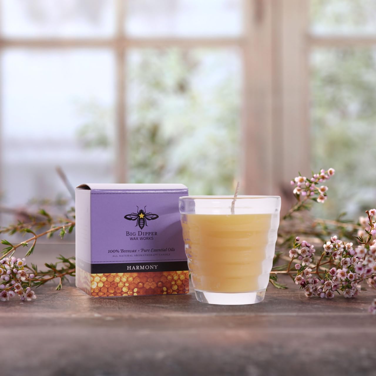 Big Dipper Wax Works Beeswax Aromatherapy Candle, Harmony - Pure Lavender Essential Oil, Beehive Glass, 100% Natural Beeswax & Soy Wax Blend, 25-Hour Clean Burn, Relaxation & Stress Relief, 2" x 2.5"
