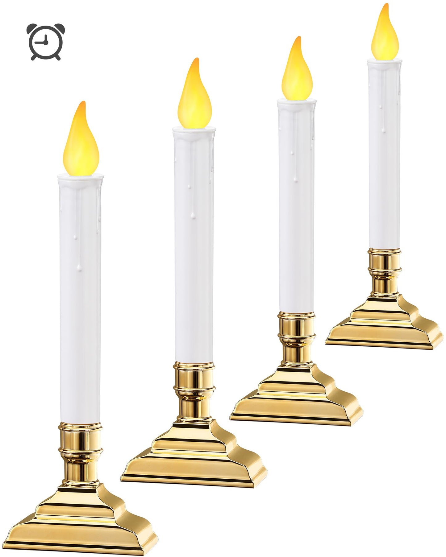 SURAIELEC 4 Pack Battery Operated Window Candles with Timer, Window Candle Lights with Removable Candle Holders, LED Christmas Candles for Christmas Windows, Mantel, Dining Table, Gloss Gold