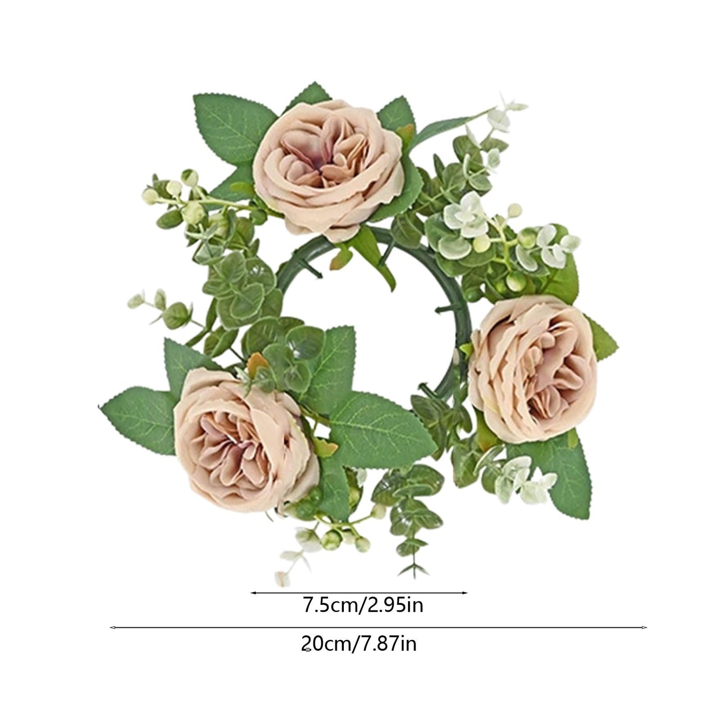 Artificial Rose Candle Rings Wreath Mini Floral Wreaths Pillar Candle Holder with 3 Blooming Flowers and Green Leaves for Wedding Party Home Table Centerpieces Decor (Khaki)