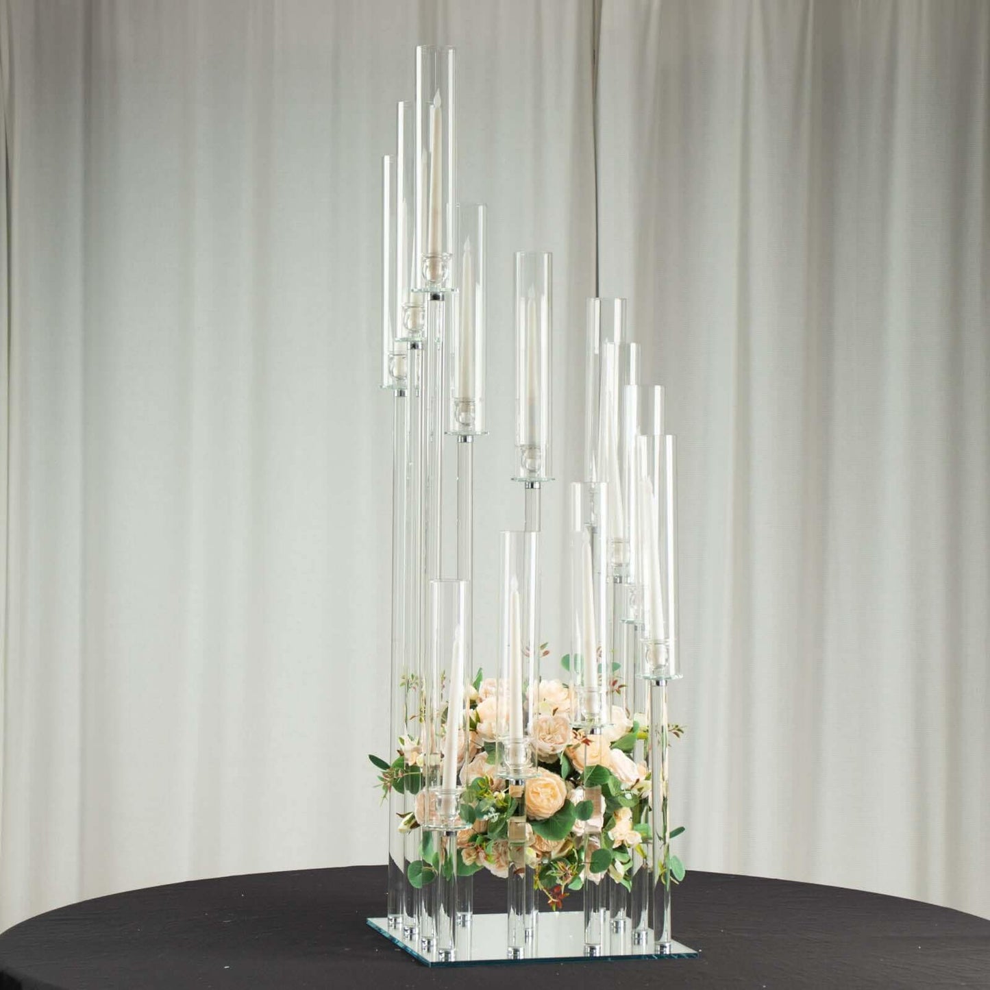 Efavormart 4.5ft Crystal 12-Arm Cluster Glass Candelabra Floral Pedestal Stand, Square Hurricane Taper Candle Holder Stand