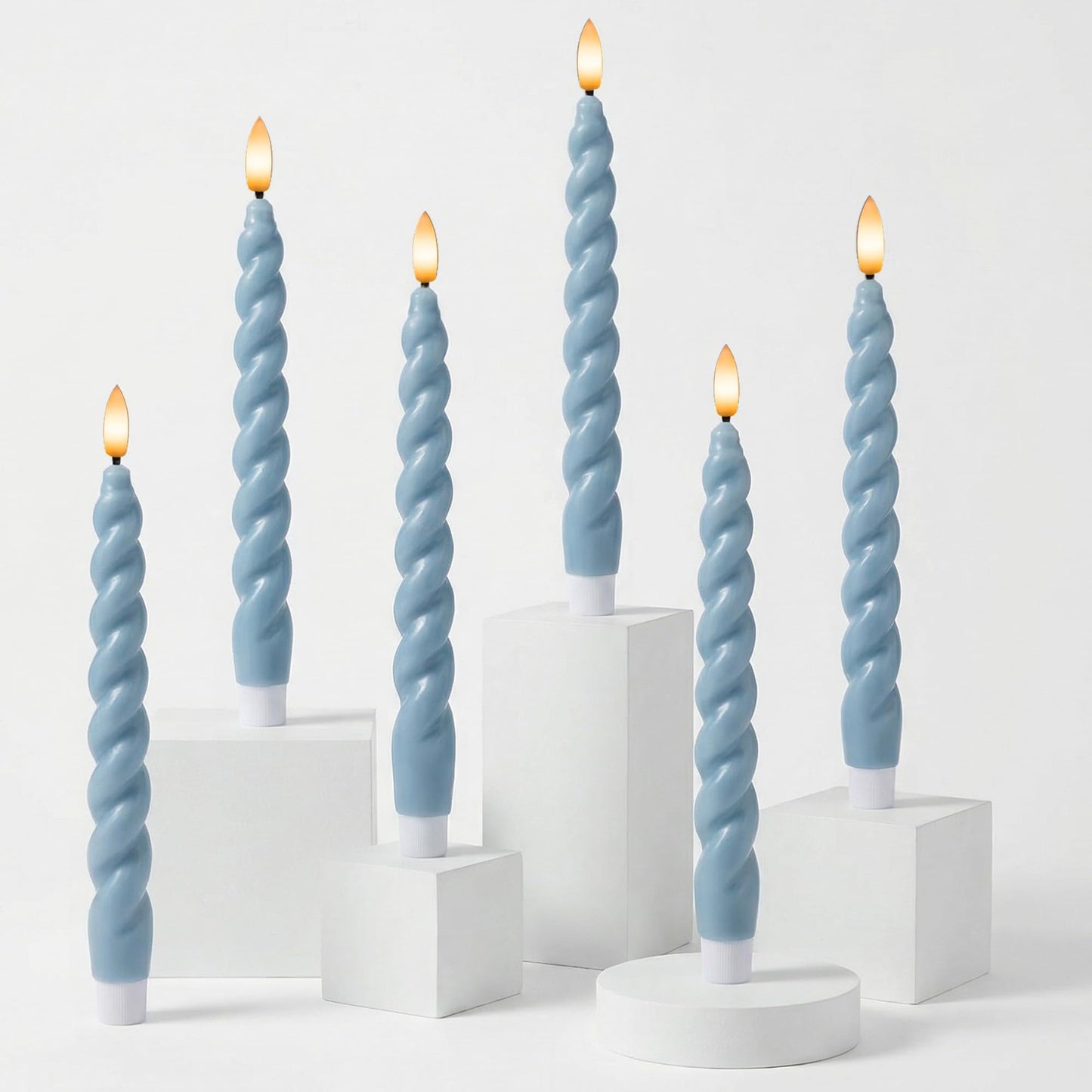 WYZworks 10" Flameless LED Taper Candles – Full Twisted Spiral – Dusty Blue, Set of 6 – Remote, 2/4/6/8-Hr Timer (24-hr Memory), Bottom On/Off Button, Dimmable, Battery Operated, Flicker/Steady