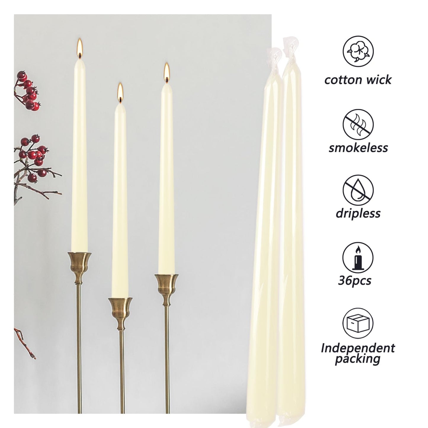 WPONSZU 16 Pack Ivory Taper Candles, 7-8 Hours Burn Time, Unscented, Smokeless and Dripless, 4/5 x 10 Inch for Christmas,Household,Dinner,Wedding,Valentine's Day,Party and Home Décor Candlesticks