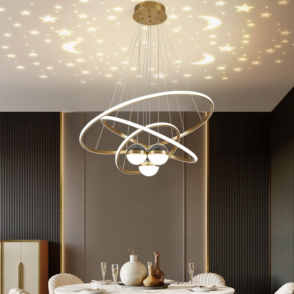 LOVEDIMA Modern Gold 3-Light LED Chandelier with Remote Control, Starry Sky Projection,3 Color Temperatures,Dimmable Globe Ceiling Light for Bedroom,Dining Room, Living Room