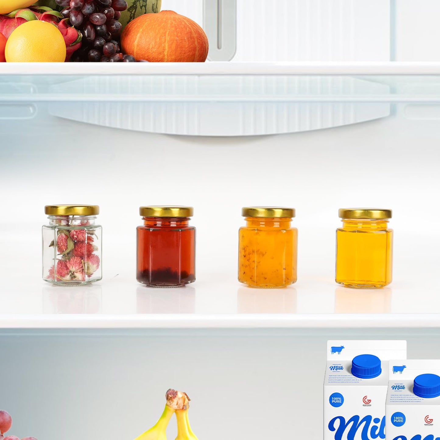 Keketin 3 oz Honey Jars,30 Pack Hexagonal Glass Jars with Gold Lids,90ml Small Canning Jar Mini Storage Glass Jars for Jams,Fruits,Spices,Nuts,Jellies,Baby Foods