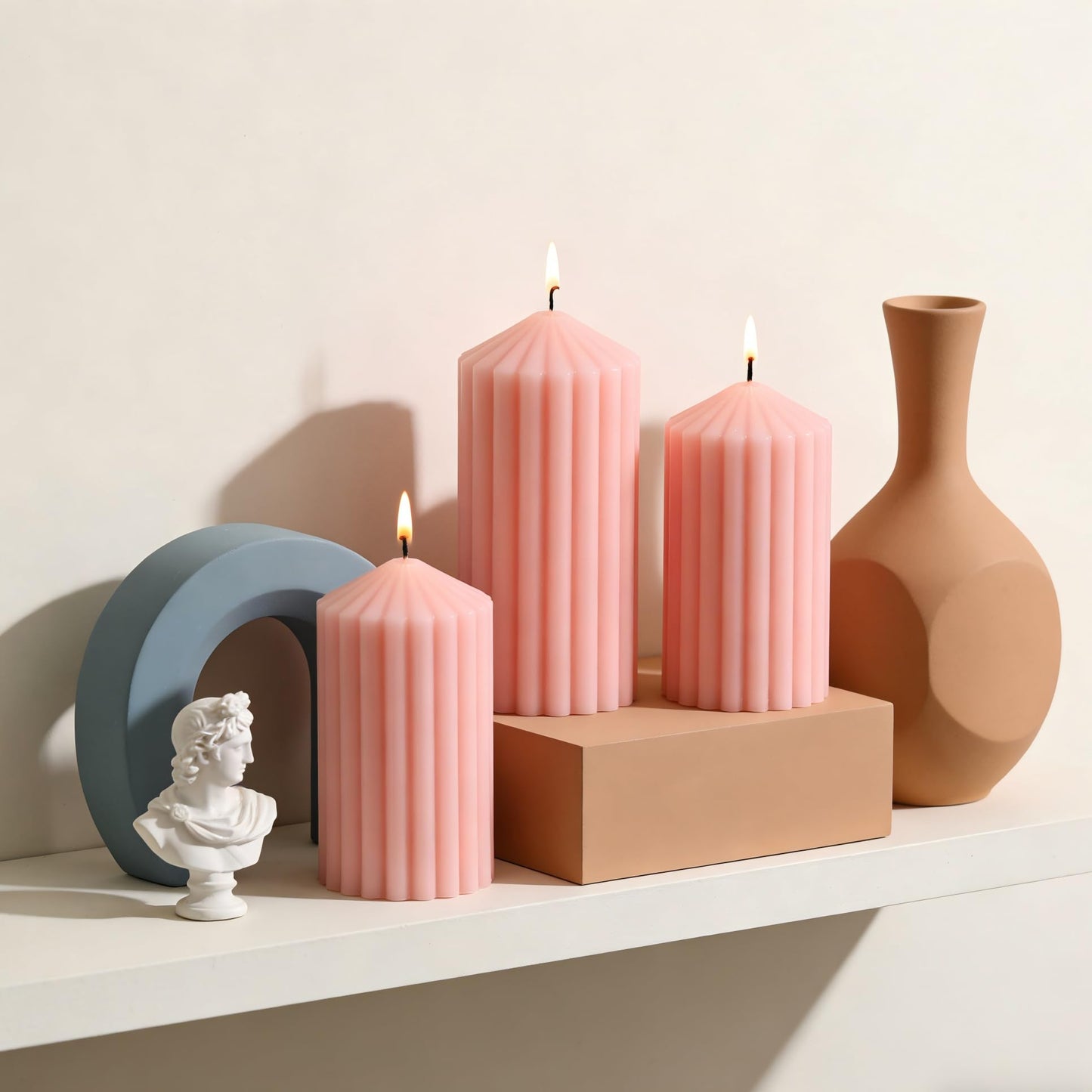 3 Pack Pink Ribbed Pillar Candles - Soy Wax Unscented Candles, 2.76x4.2/4.9/5.9 Inch Smokeless Non Toxic Cotton Wick, Perfect Spring Pillar Candles for Home Decor, Bathroom, Spa & Wedding