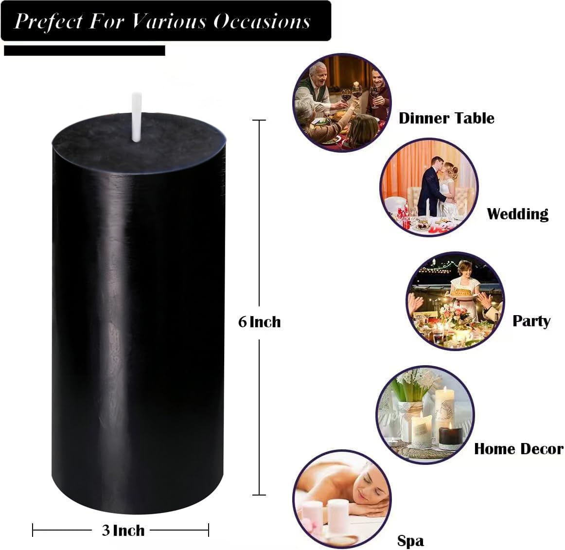 2 Pack 3x6 Inch Black Unscented Pillar Candles - 70 Hour Long Burning Dripless Smokeless Candles for Home Decor