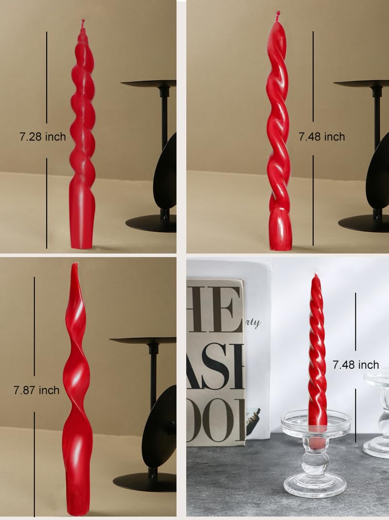 4 Pcs Red Taper Candles 7.87 Inch - Unique Twisted Spiral Christmas Candlesticks, Unscented Smokeless for Christmas, Valentine's, Wedding, Dinner Party & Home Decor