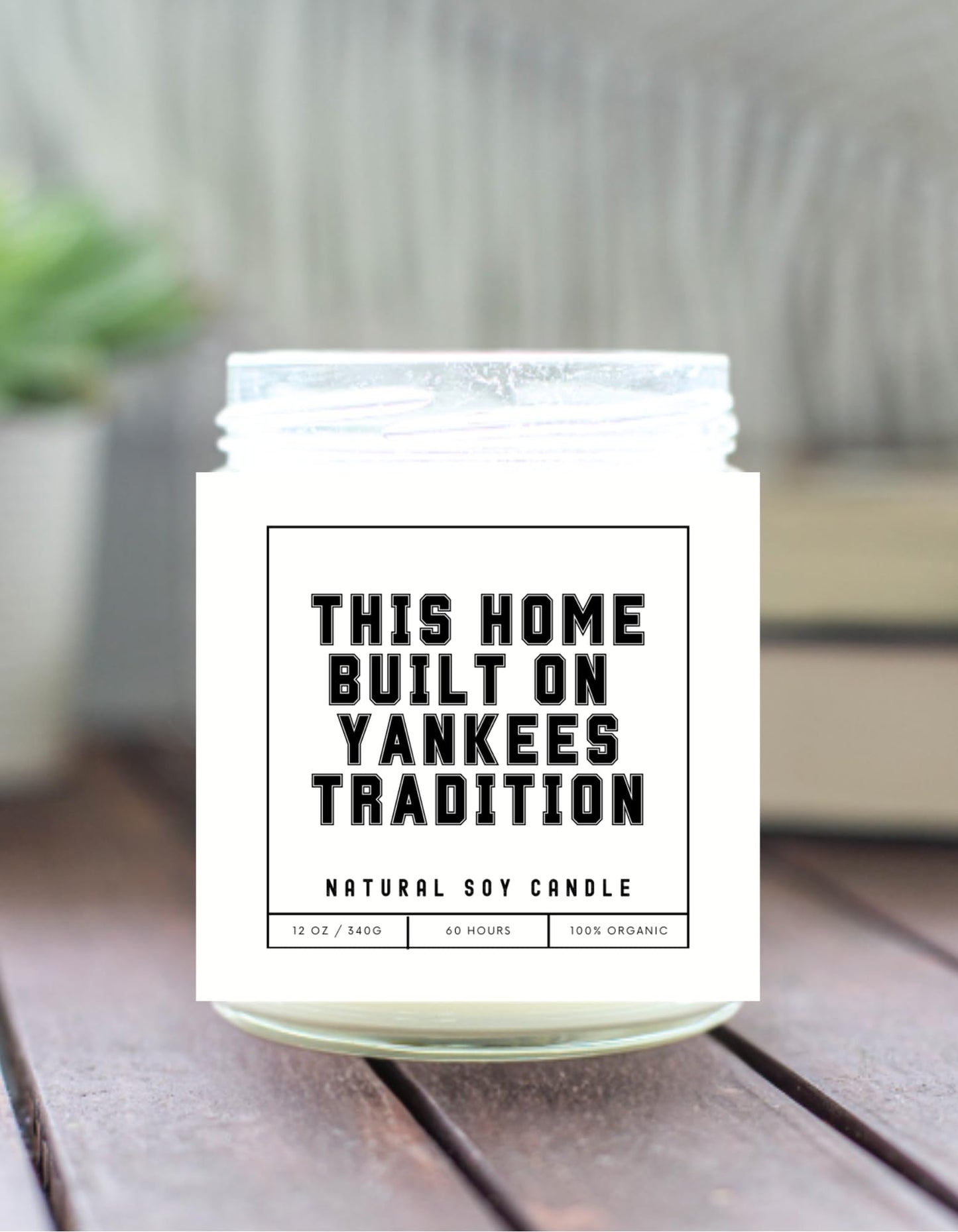 This Home Built on Yankees Tradition Sports Candle - Scented Soy Wax Candle (8.0 oz) 50-60 Hour Burn Time, Cotton Wick, Frosted White Glass Jar