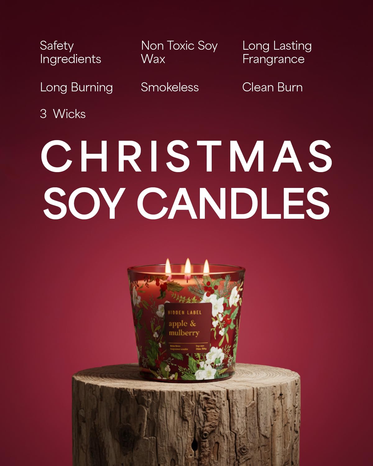 Apple Mulberry Scented Candle, 30oz 3 Wick Large Candle, 100H Long Burn Natural Soy Wax, Sweet Autumn & Winter Holiday Fragrance, Festive Gift for Women & Home Decor | Hidden Label