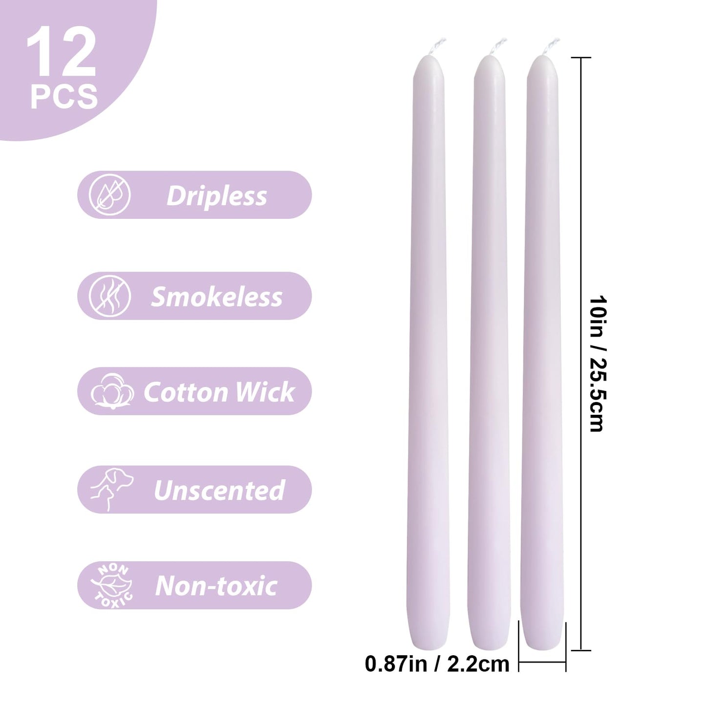 12-Pack Pale Purple Taper Candles, 10 Inch Unscented Dripless Candlesticks, Long-Lasting Burn Time of 6-7 Hours, Perfect for Home Décor, Weddings, and Events