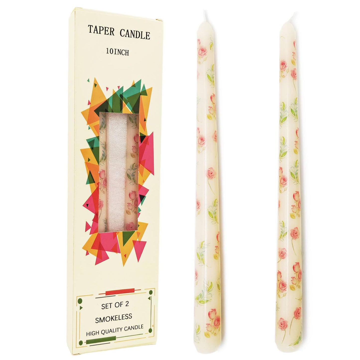 10 Inch Rose Printed Ivory Taper Candles, 2 Pack Smokeless Dripless Candles, Unscented Long Burning for Mother's Day, Wedding Dinner Party, Home Decor