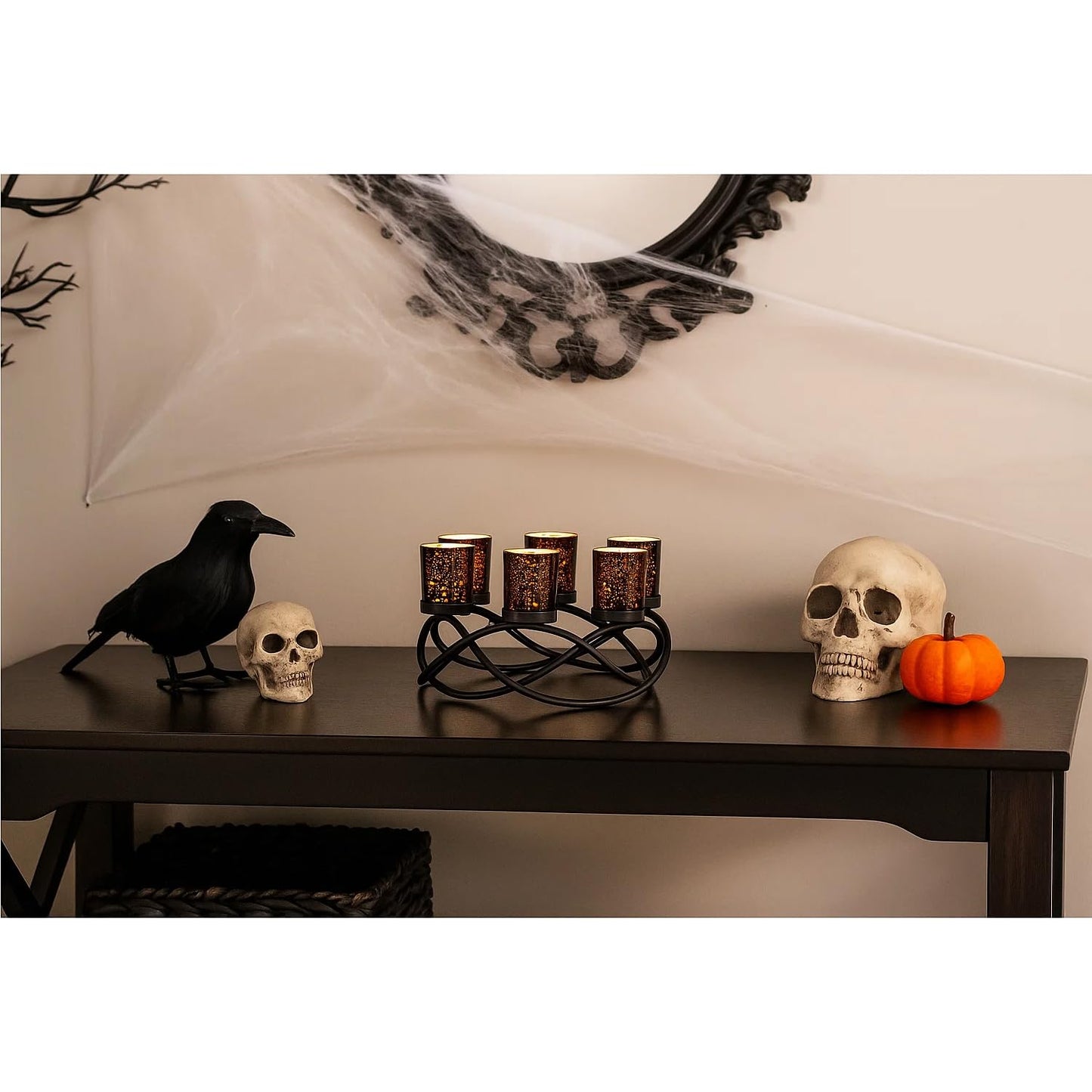 Seraphic Centerpieces for Halloween Table Decorations - Round Candle Holders for Outdoor Patio, Dining, Kitchen, Coffee & Wedding Table Decor, Black Iron Candelabra, 6 Black Glass Votive Tealight Cups