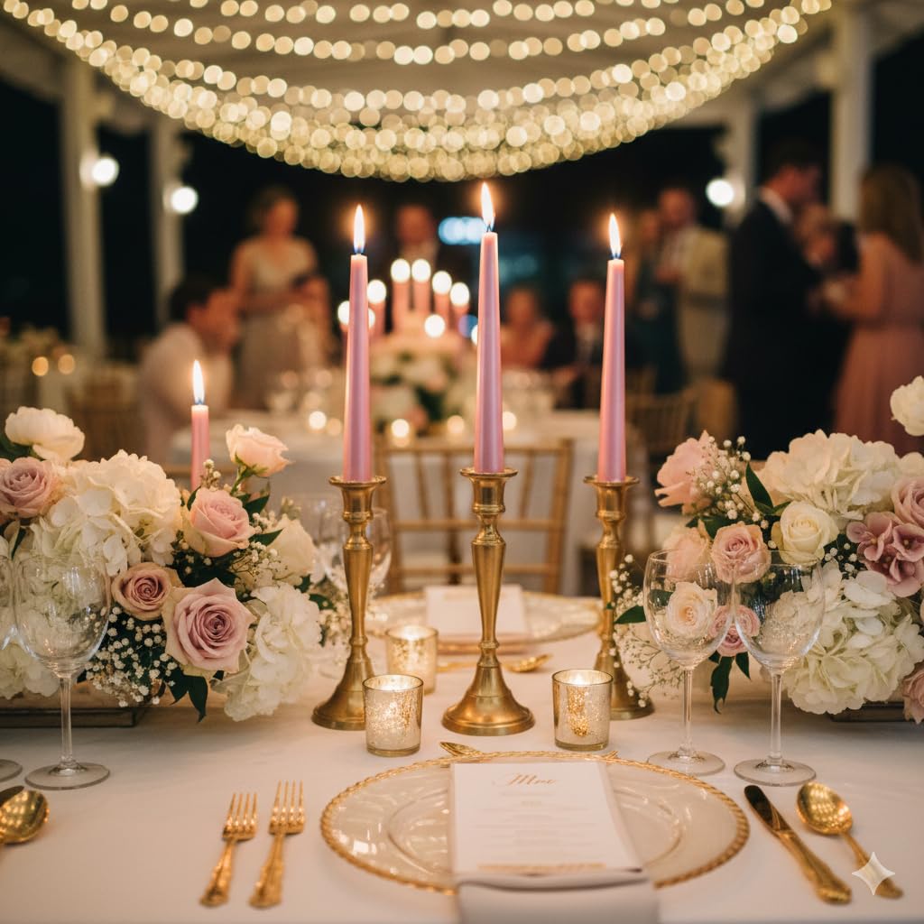 Light Pink Taper Candles 10'' with Pearl Shimmer Candle Sticks Set of 4 | Unscented Candlesticks for Home Decorations, Tapered Candles for Wedding Receptions Smokeless Dripless