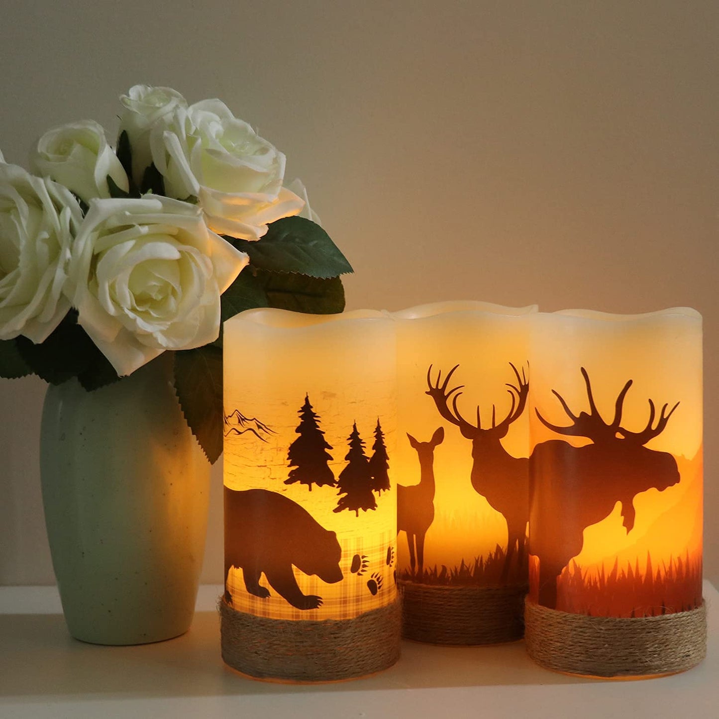 Eldnacele Flameless Flickering Candles Deer, Moose, Bear Decal with Hemp Rope and 6H Timer, Battery Operated LED Pillar Candles Real Wax Home Décor Christmas and Gift Set of 3