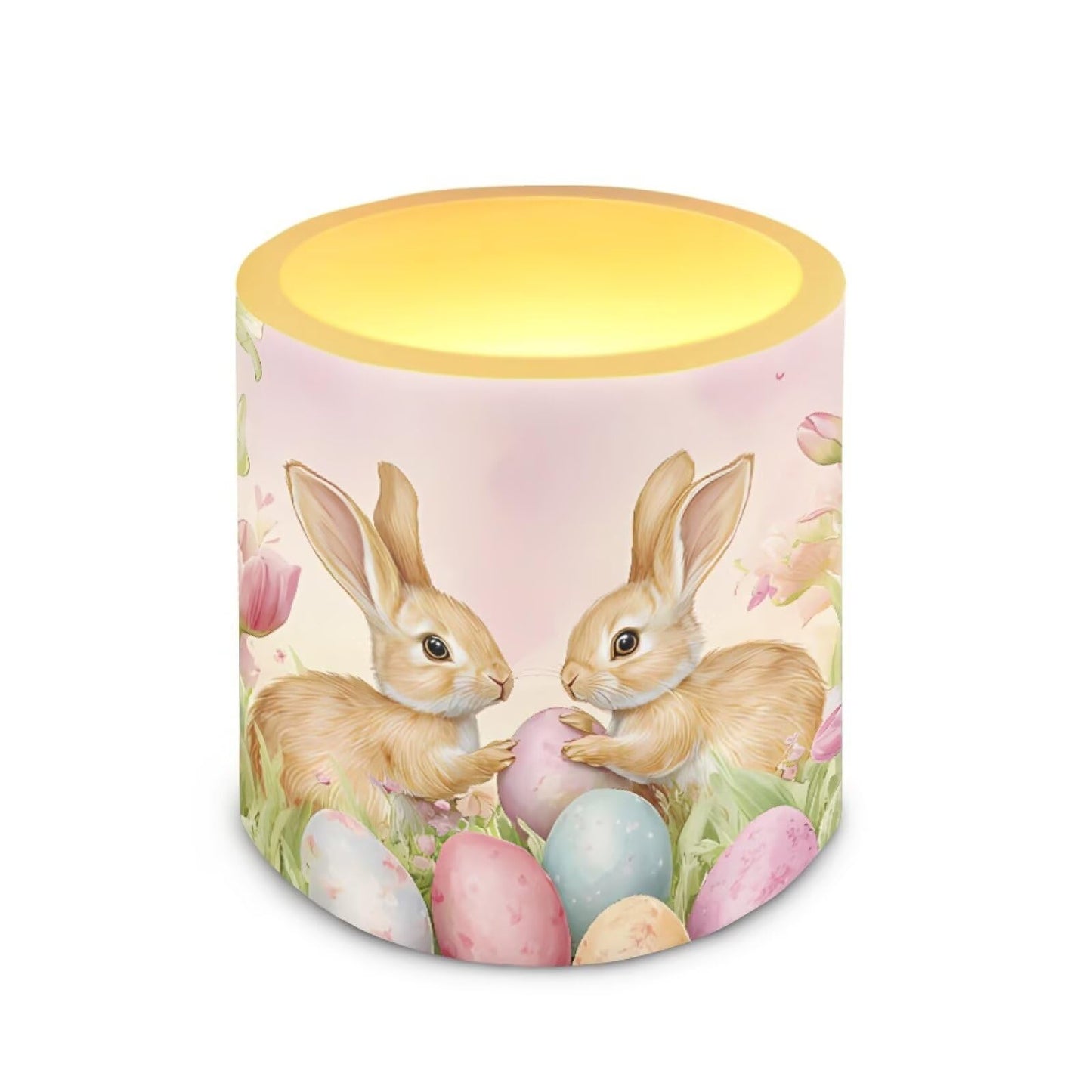 Merkmak Pack of 4 Easter Day Flameless Candles with Remote Battery Operated Candles with Timer Flickering LED Elictric Pillar Tealights for Party Decorations, Easter Egg Bunny Tulip