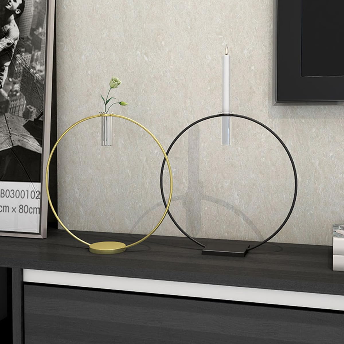 HYTROVE Decorative Metal Candleholder Black Round Base 9x28x29cm Lightweight Candlestick Ornament for Home Décor and Table Centerpiece