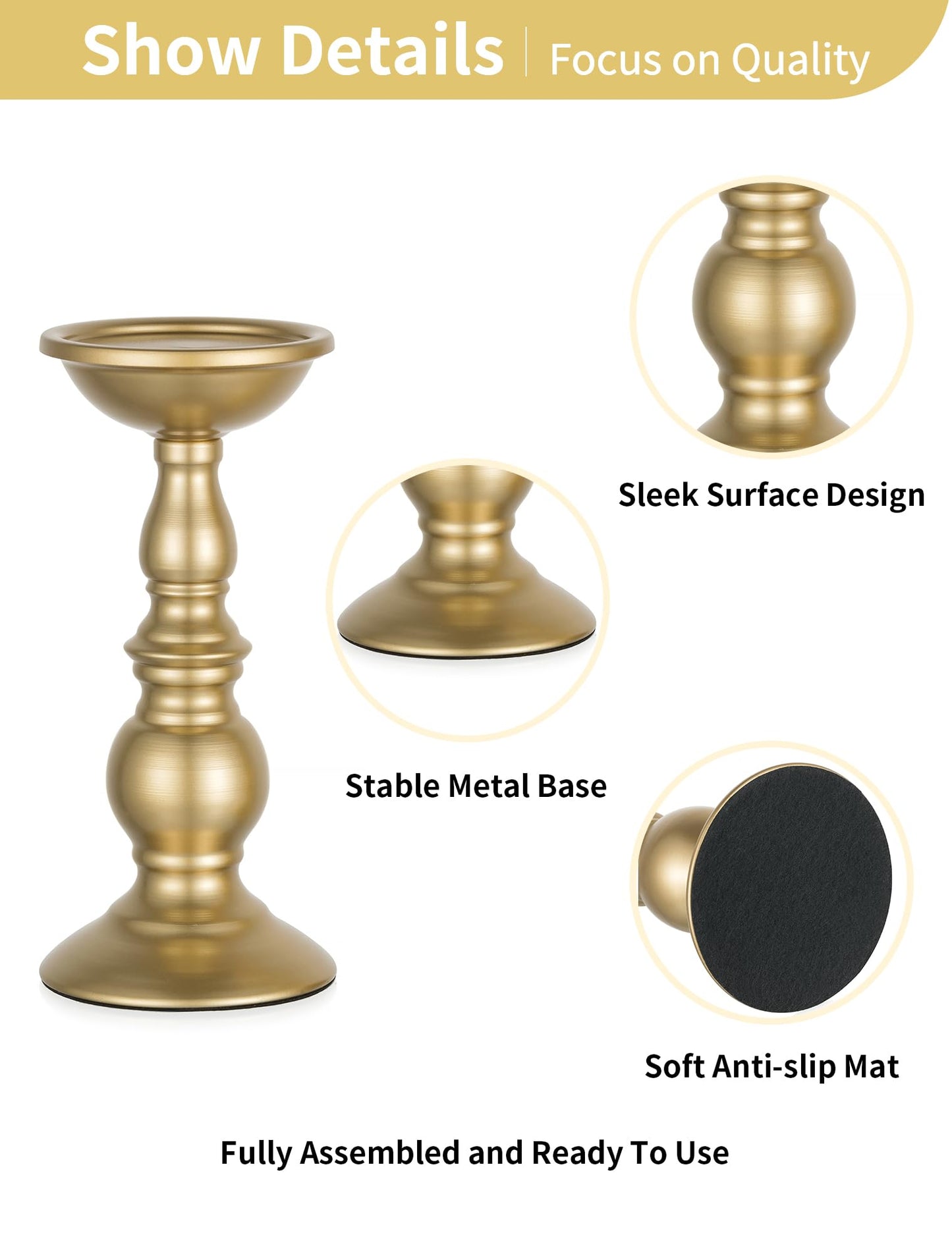 Set of 2 Gold Candlestick Metal Pillar Candle Holders, Flameless Candlestick Holders Stand Centerpieces Decoration Ideal for Weddings, Special Events, Parties