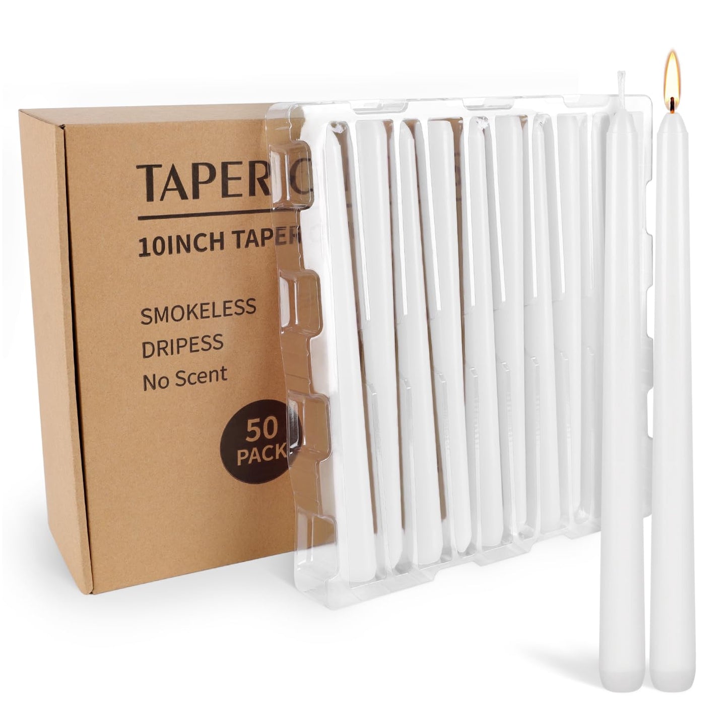 WPONSZU 50 Pack White Taper Candles, 7-8 Hours Burn Time, Unscented, Smokeless and Dripless, 4/5 x 10 Inch for Christmas,Household,Dinner,Wedding,Valentine's Day,Party and Home Décor Candlesticks