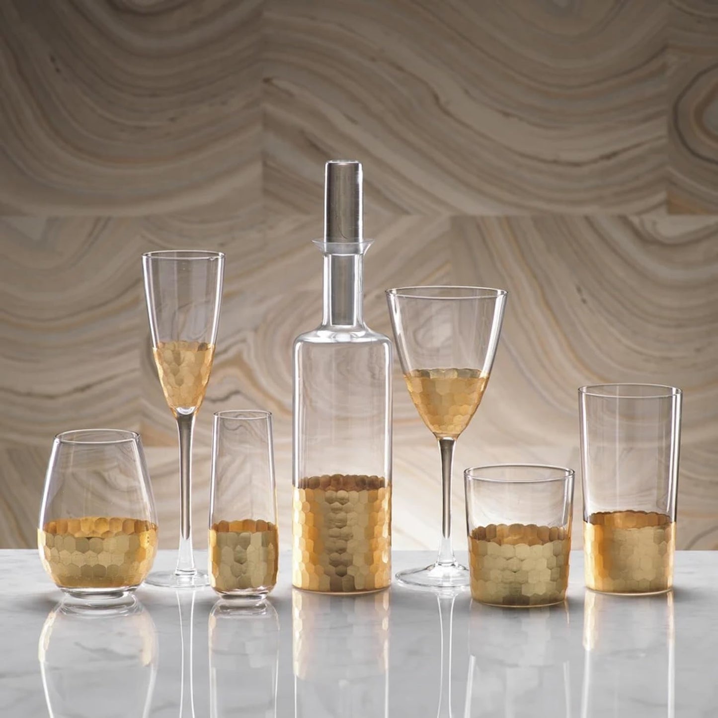 Zodax Fez Cut Stemless Glasses with Gold Leaf | Set of 6 (Wine or All Purpose)
