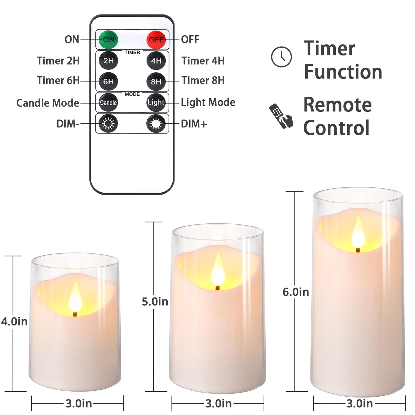 NURADA Flameless Candles with Remote Timer: 3D Wick Battery Operated Led Pillar Unbreakable Acrylic Fake Candle Set for Home Decoration Romantic Ambiance - Pure White 3 Pack
